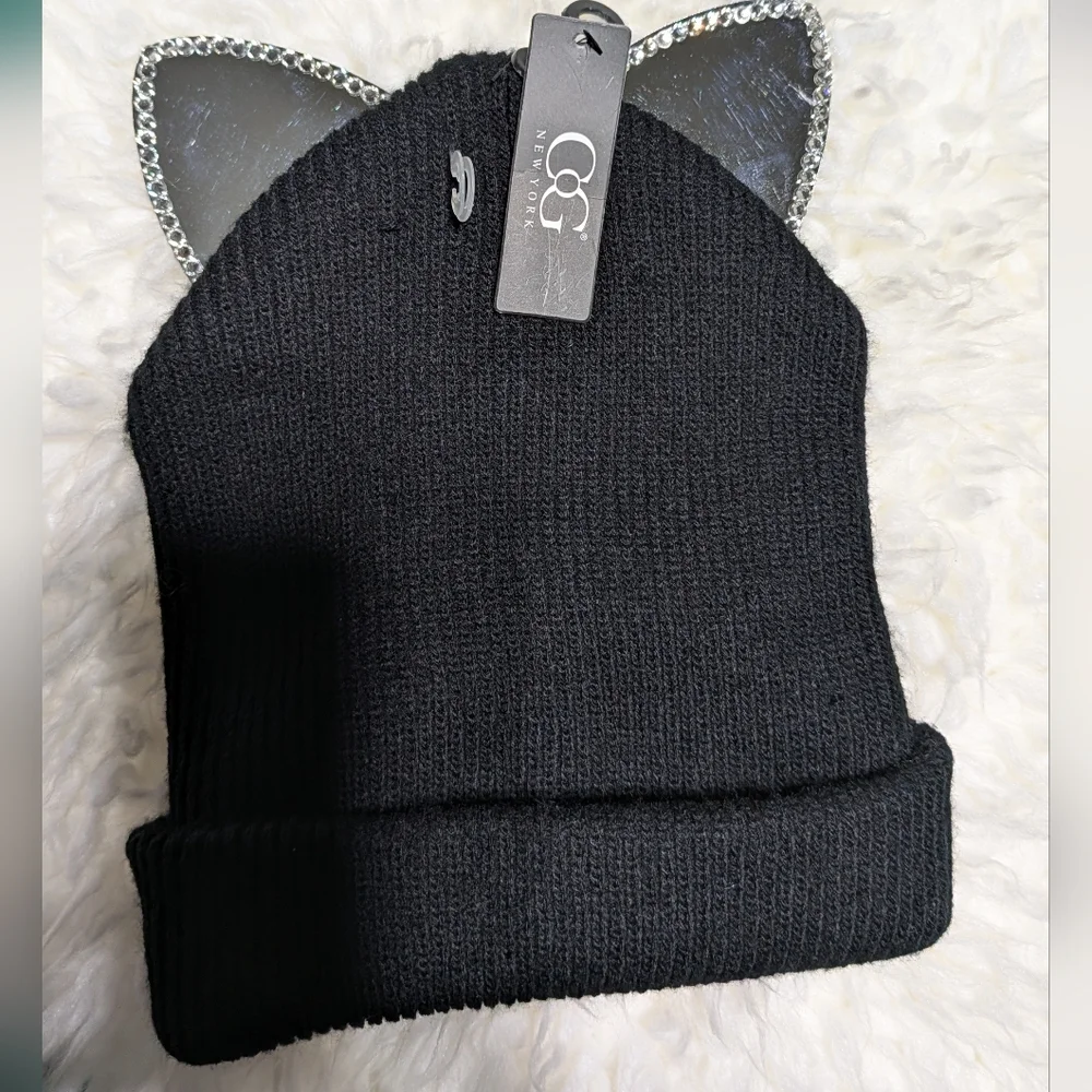 Black Knit Hat with Silver Cat Ears